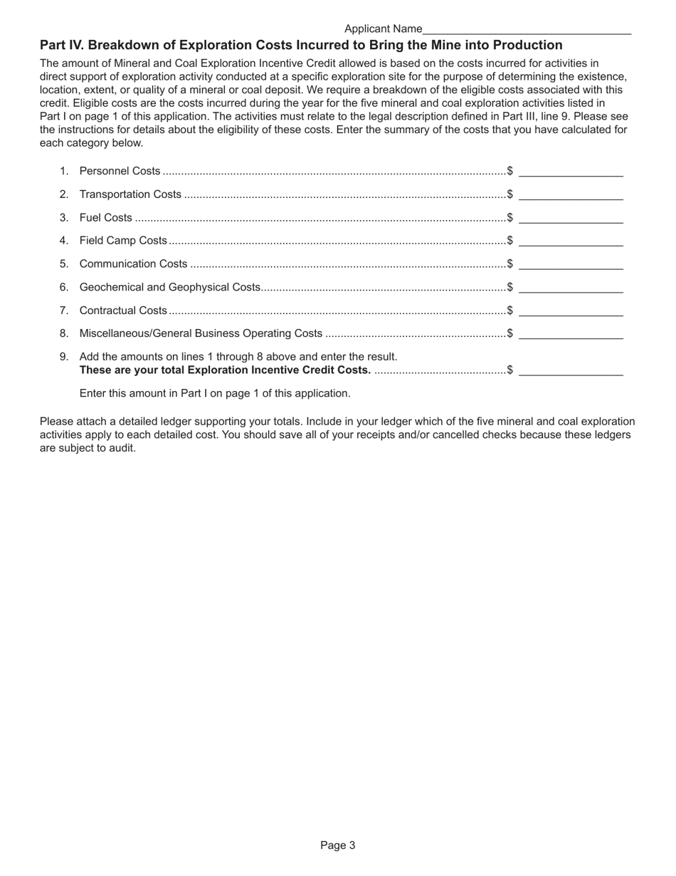 Form MINE-CERT Application and Affidavit for Certification and Approval of Mineral and Coal Exploration Incentive Credits - Montana, Page 3