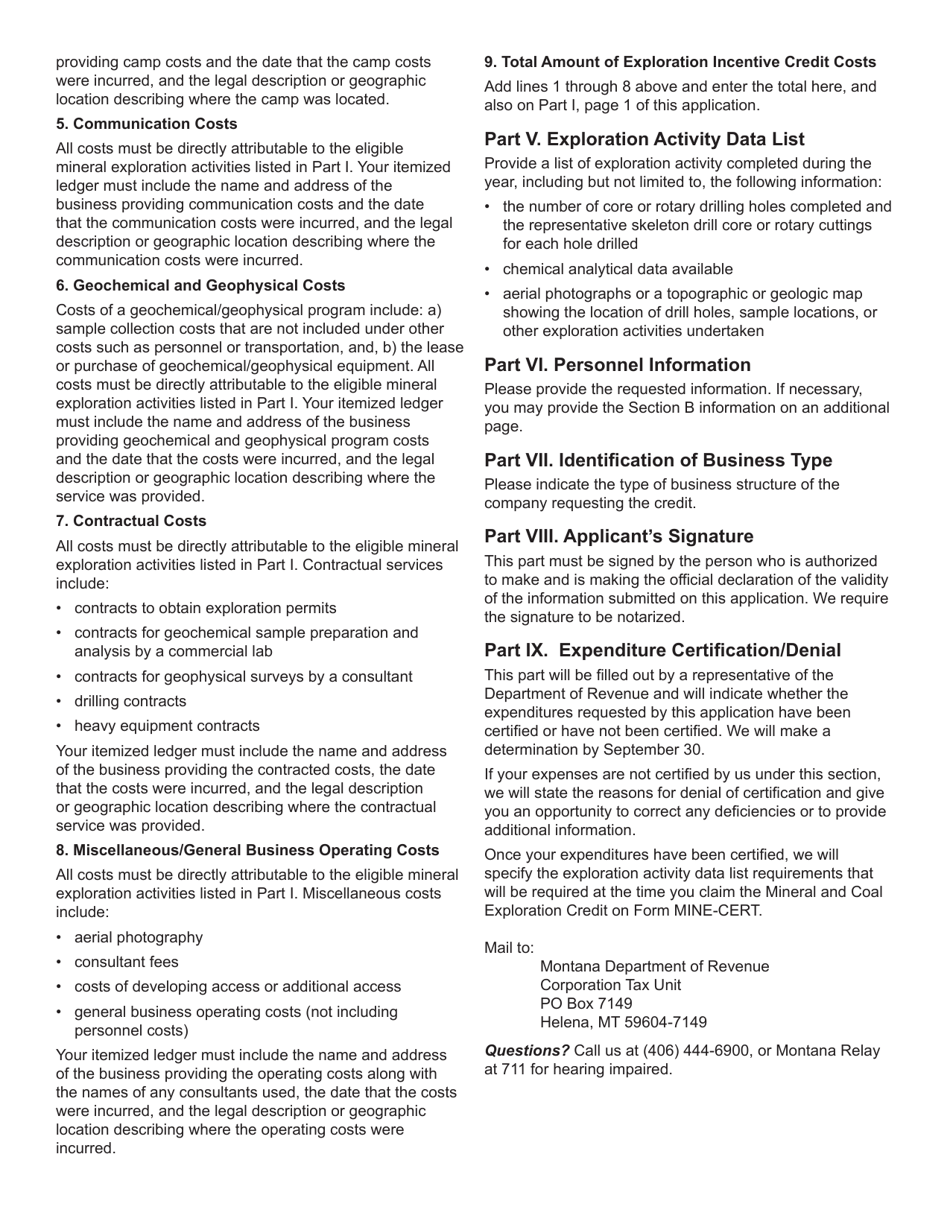 Form MINE-CERT Application and Affidavit for Certification and Approval of Mineral and Coal Exploration Incentive Credits - Montana, Page 7