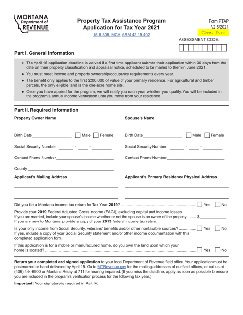 Form PTAP Property Tax Assistance Program (Ptap) Application - Montana, 2021