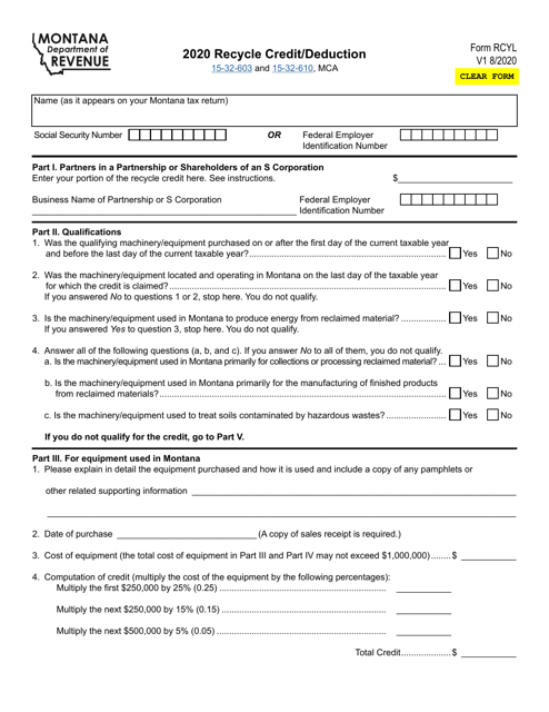 Form RCYL Recycle Credit/Deduction - Montana, 2020