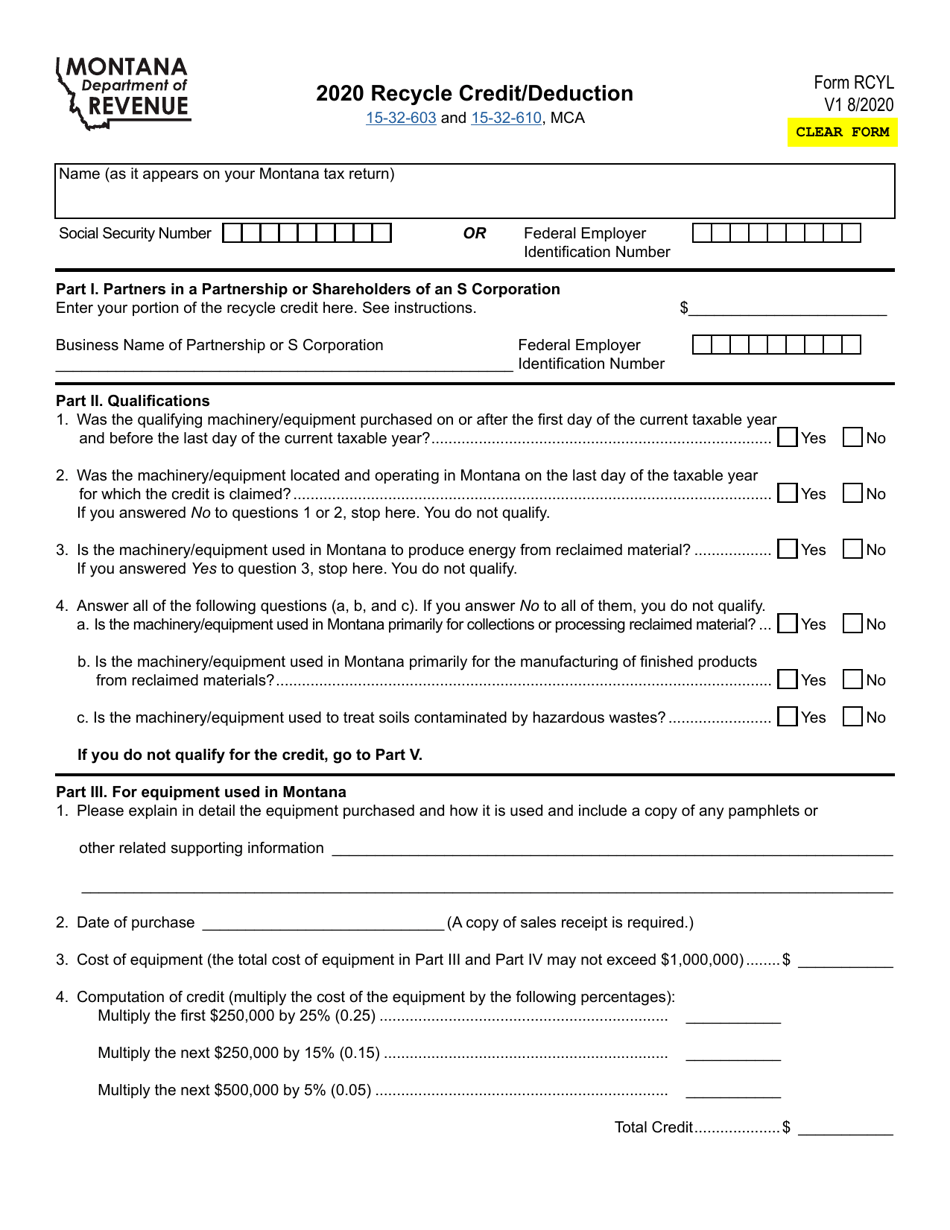 Form RCYL Recycle Credit / Deduction - Montana, Page 1