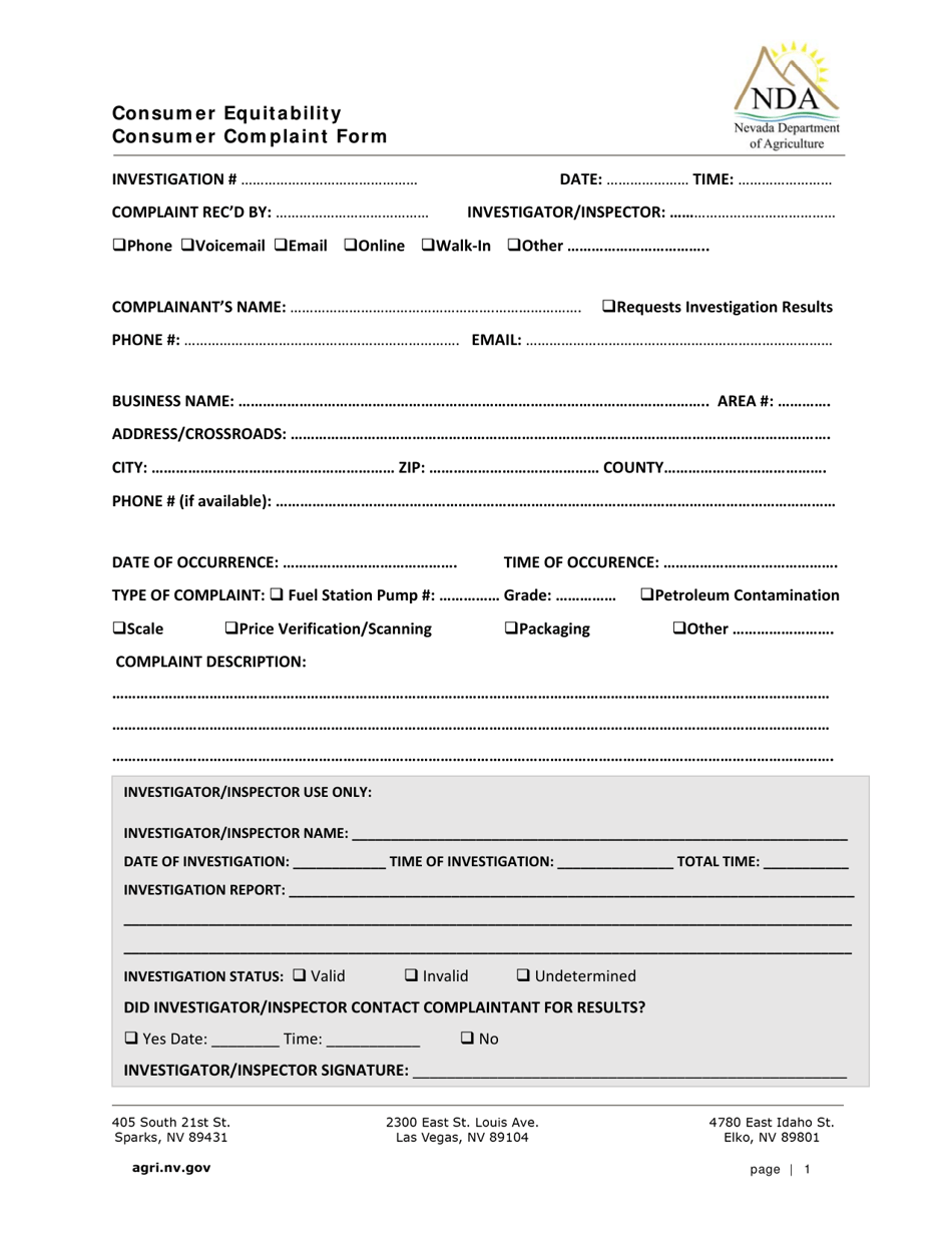 Consumer Equitability Consumer Complaint Form - Nevada, Page 1