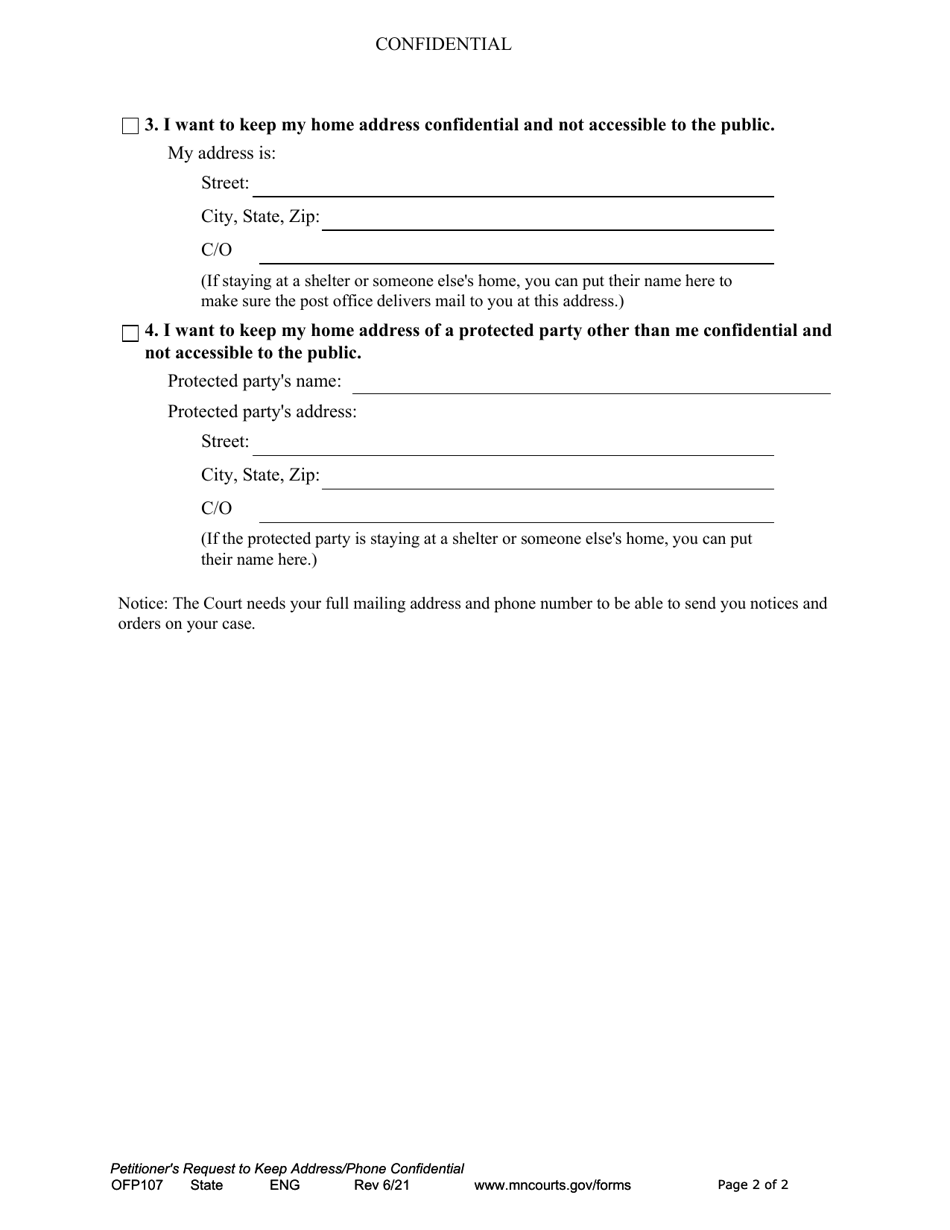 Form OFP107 Petitioners Request to Keep Address / Phone Confidential - Minnesota, Page 2