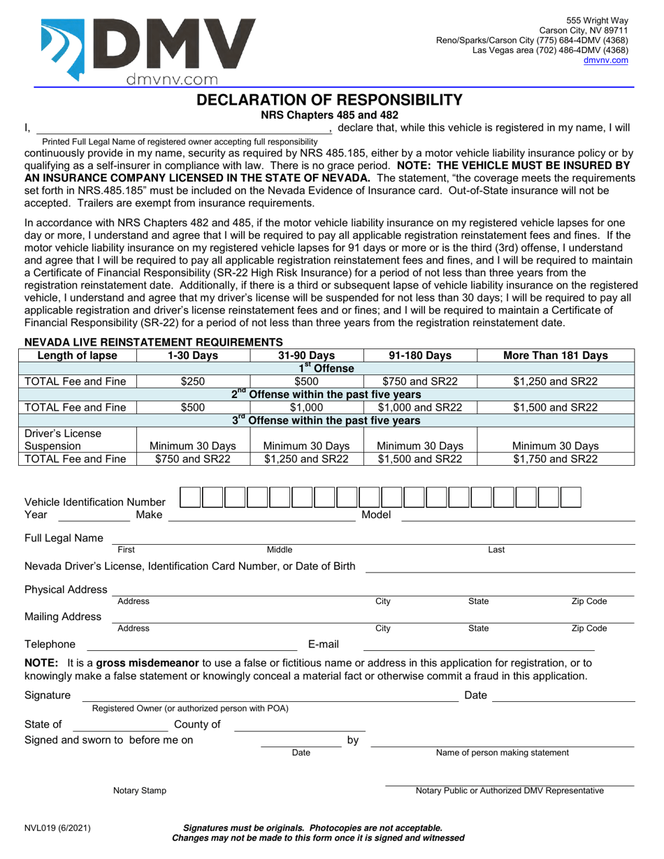 Form NVL019 Declaration of Responsibility - Nevada, Page 1