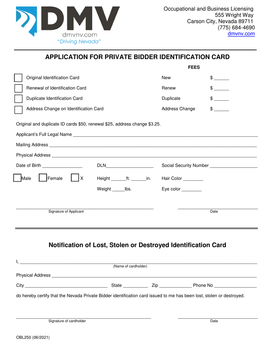 Form OBL250 Application for Private Bidder Identification Card - Nevada, Page 1