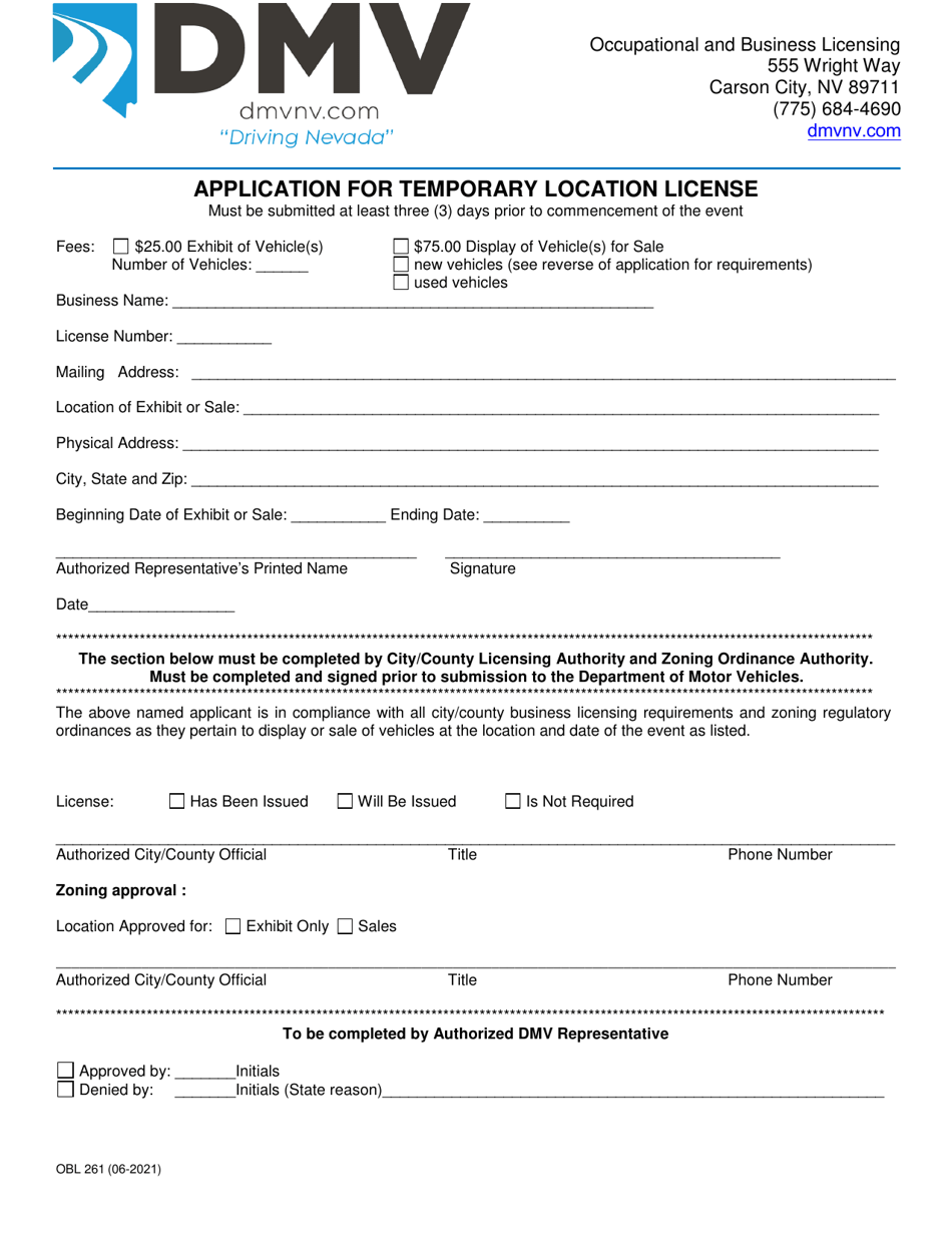 Form OBL261 Application for Temporary Location License - Nevada, Page 1