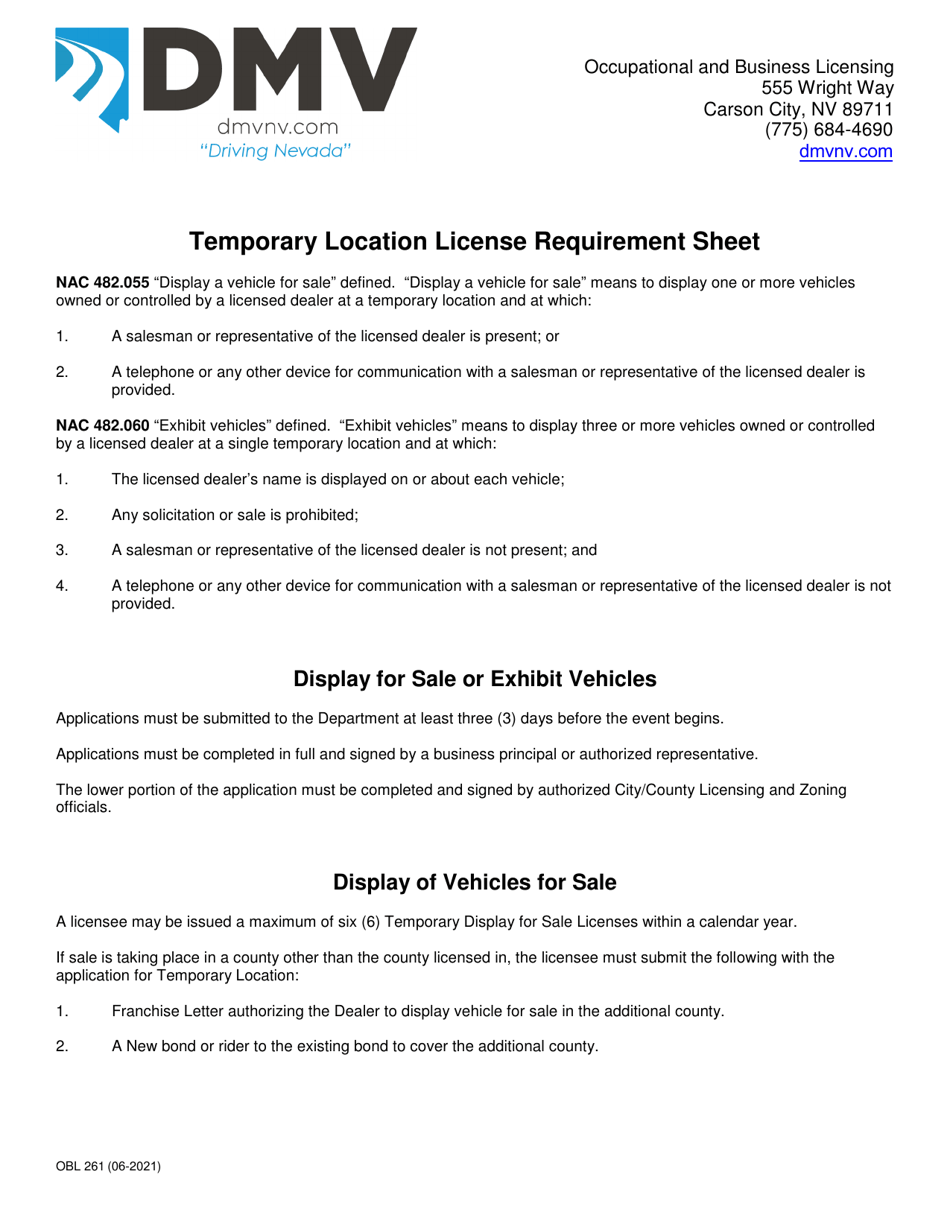 Form OBL261 Application for Temporary Location License - Nevada, Page 2