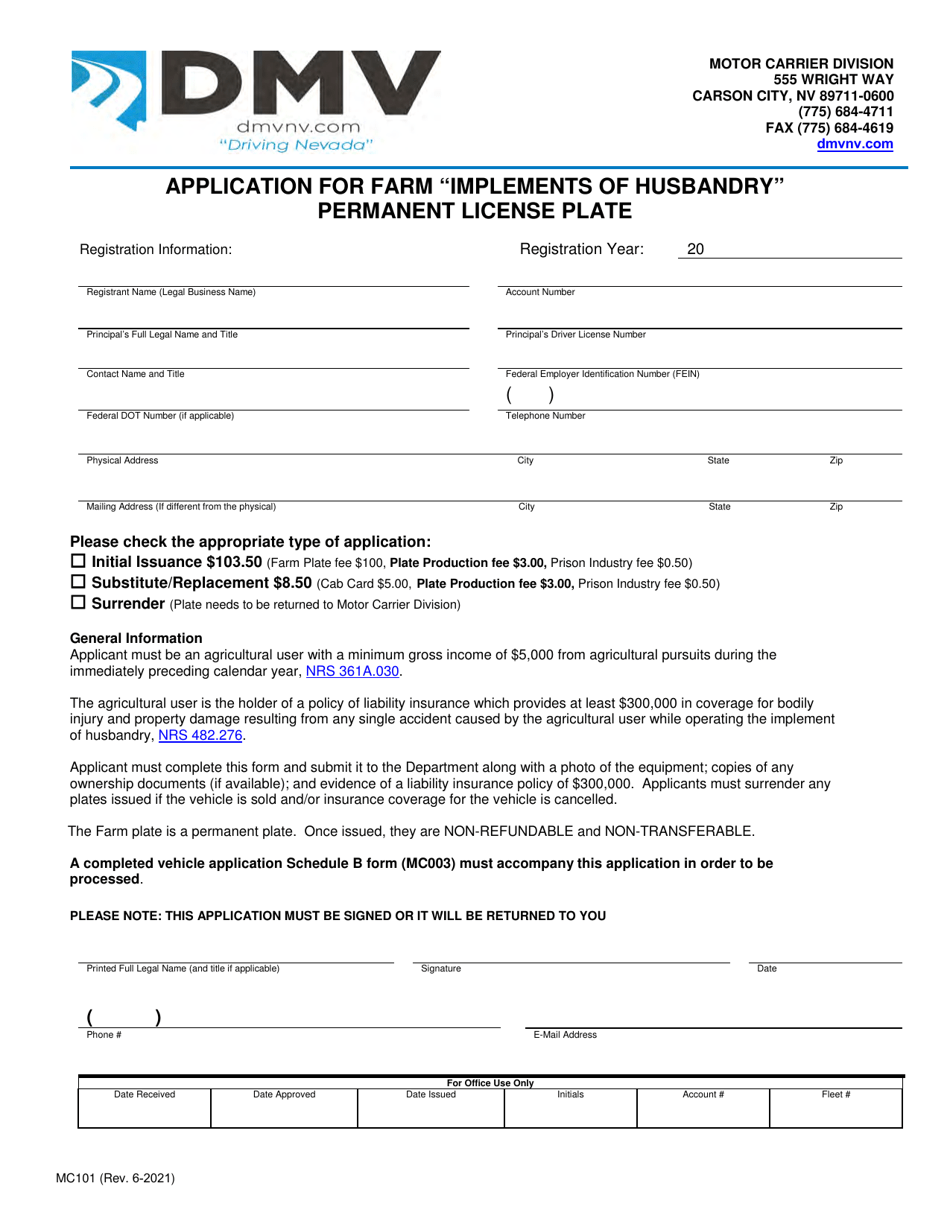 Form MC101 Application for Farm implements of Husbandry Permanent License Plate - Nevada, Page 1