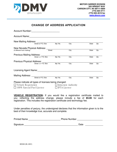 Form MC032 Change of Address Application - Nevada