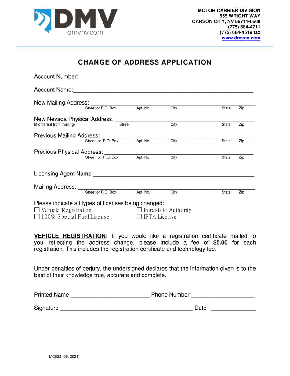 Form MC032 Change of Address Application - Nevada, Page 1