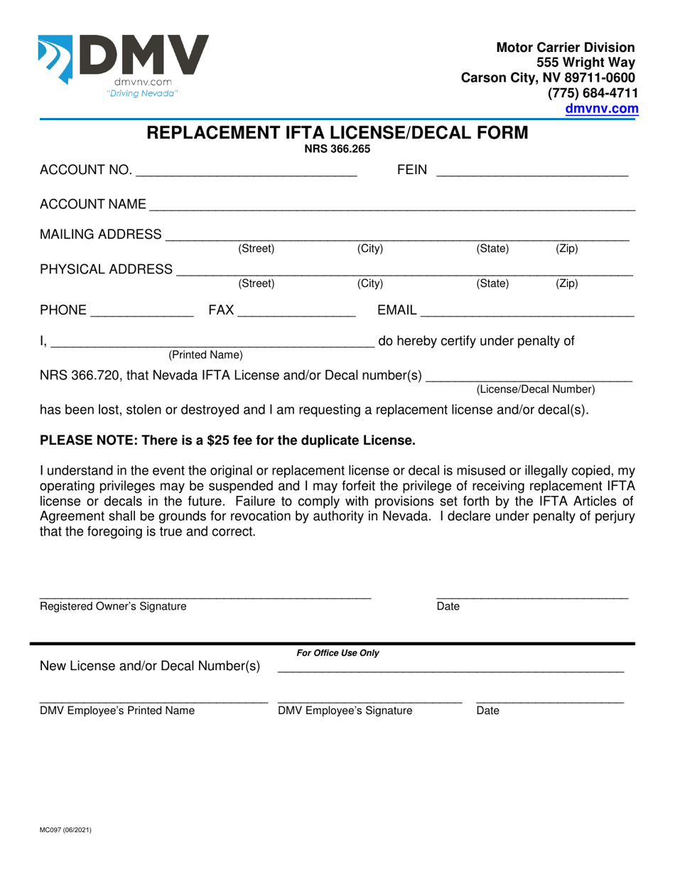 Form MC097 Replacement Ifta License / Decal Form - Nevada, Page 1