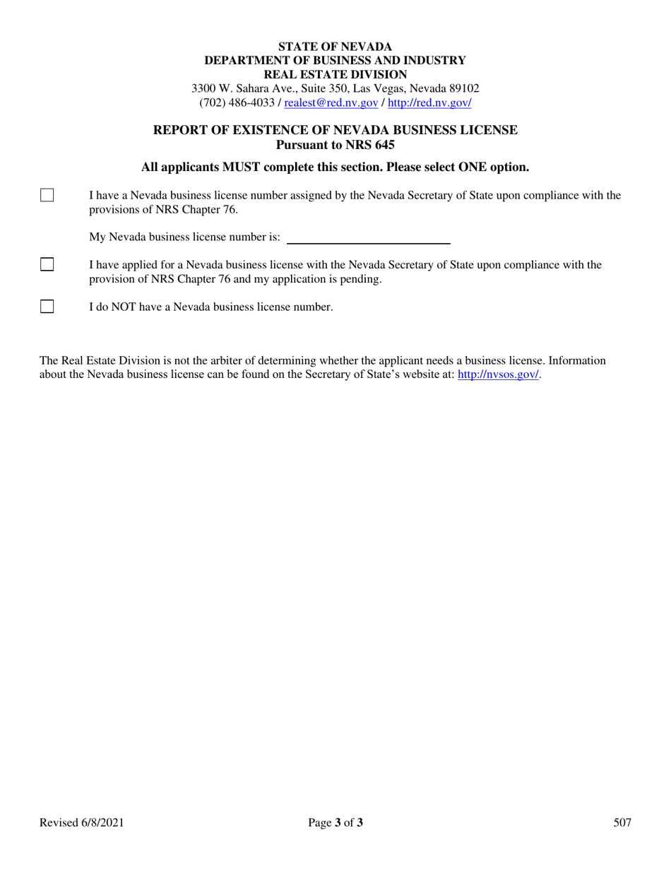 Form 507 Real Estate Broker License Change for Real Estate Brokers Only - Nevada, Page 3