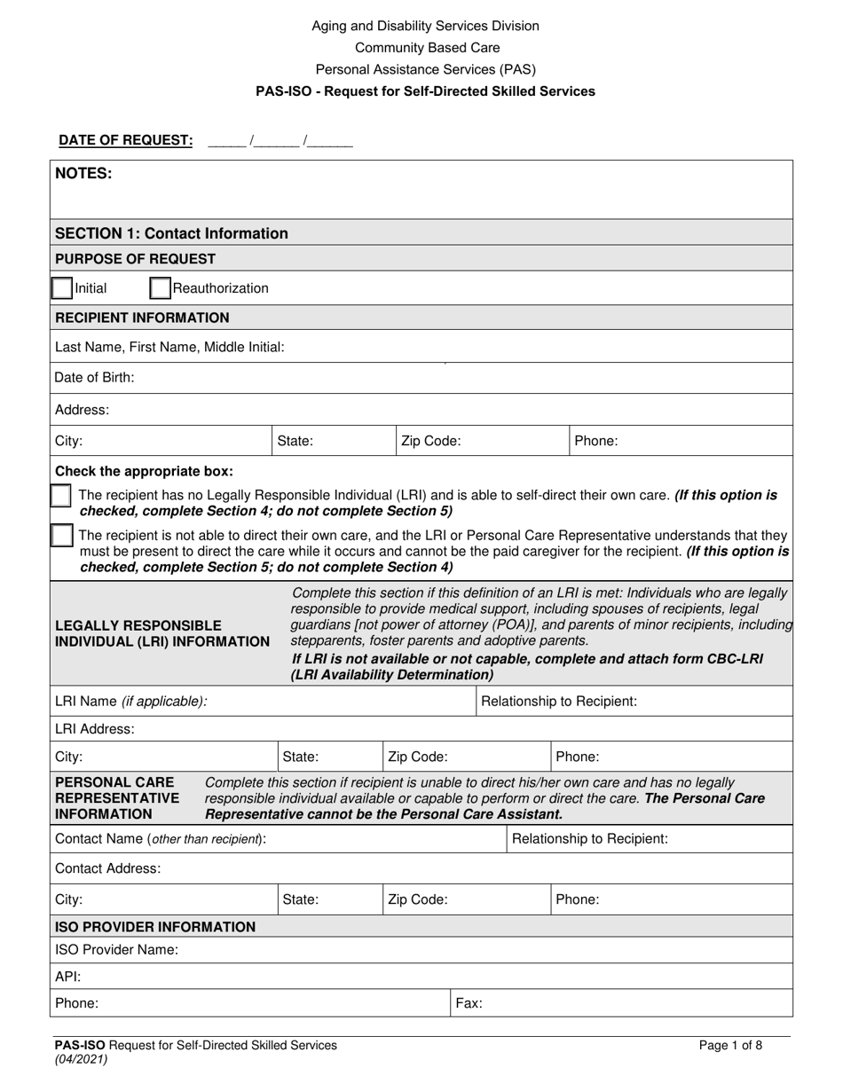 Form PAS-ISO Request for Self-directed Skilled Services - Nevada, Page 1