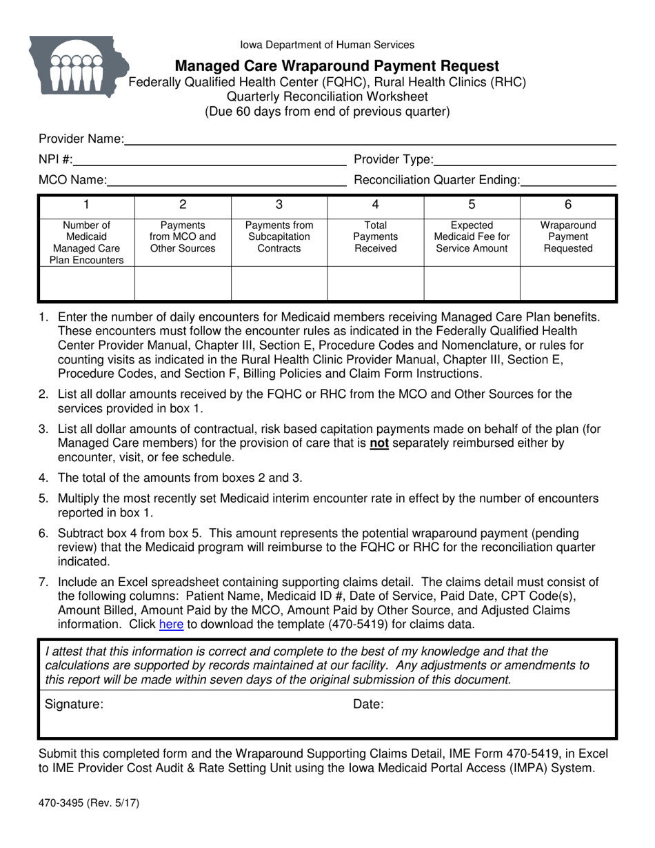 Form 470-3495 Managed Care Wraparound Payment Request - Iowa, Page 1