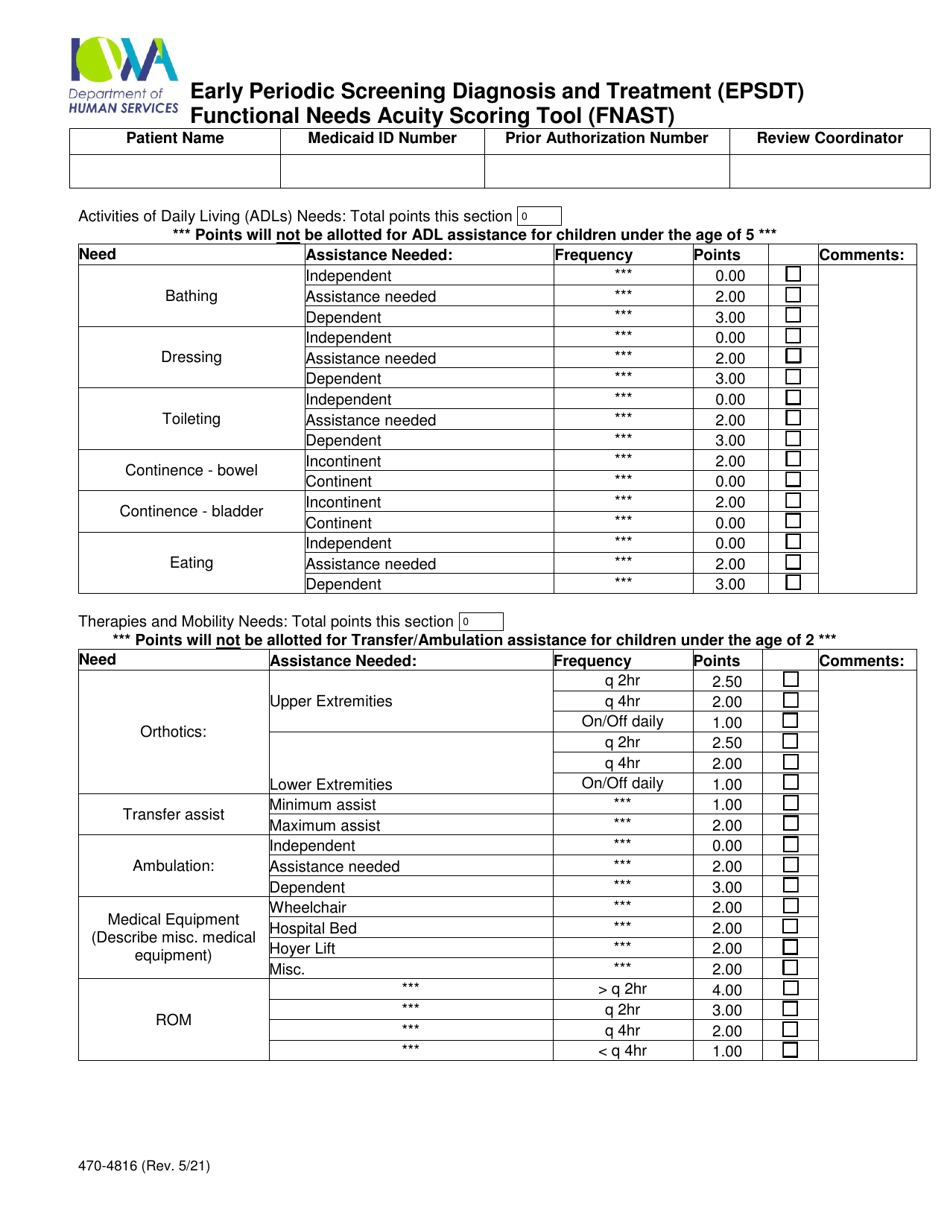 Form 470-4816 Early Periodic Screening Diagnosis and Treatment (Epsdt) Functional Needs Acuity Scoring Tool (Fnast) - Iowa, Page 1