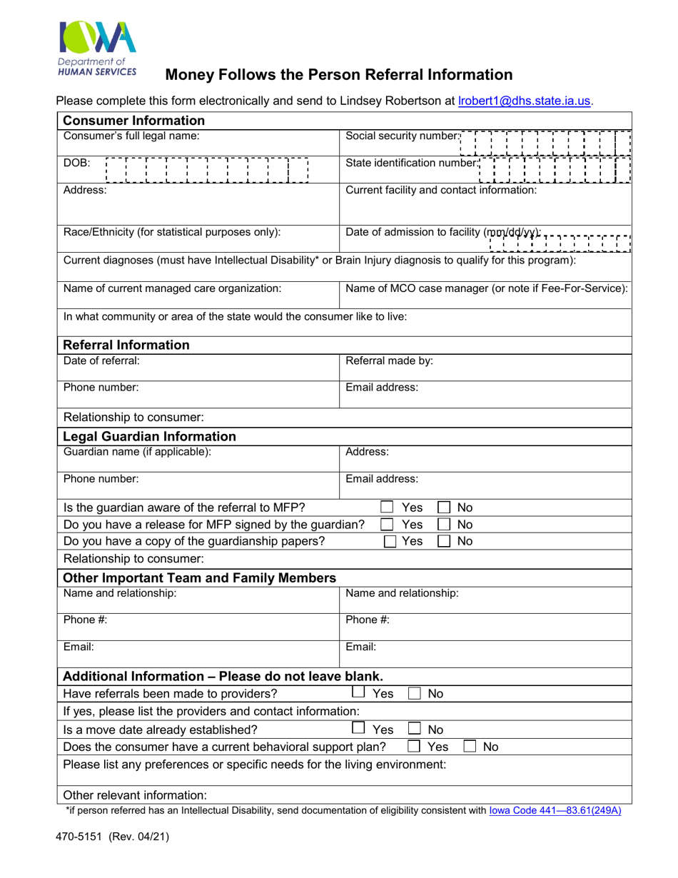 Form 470-5151 Money Follows the Person Referral Information - Iowa, Page 1