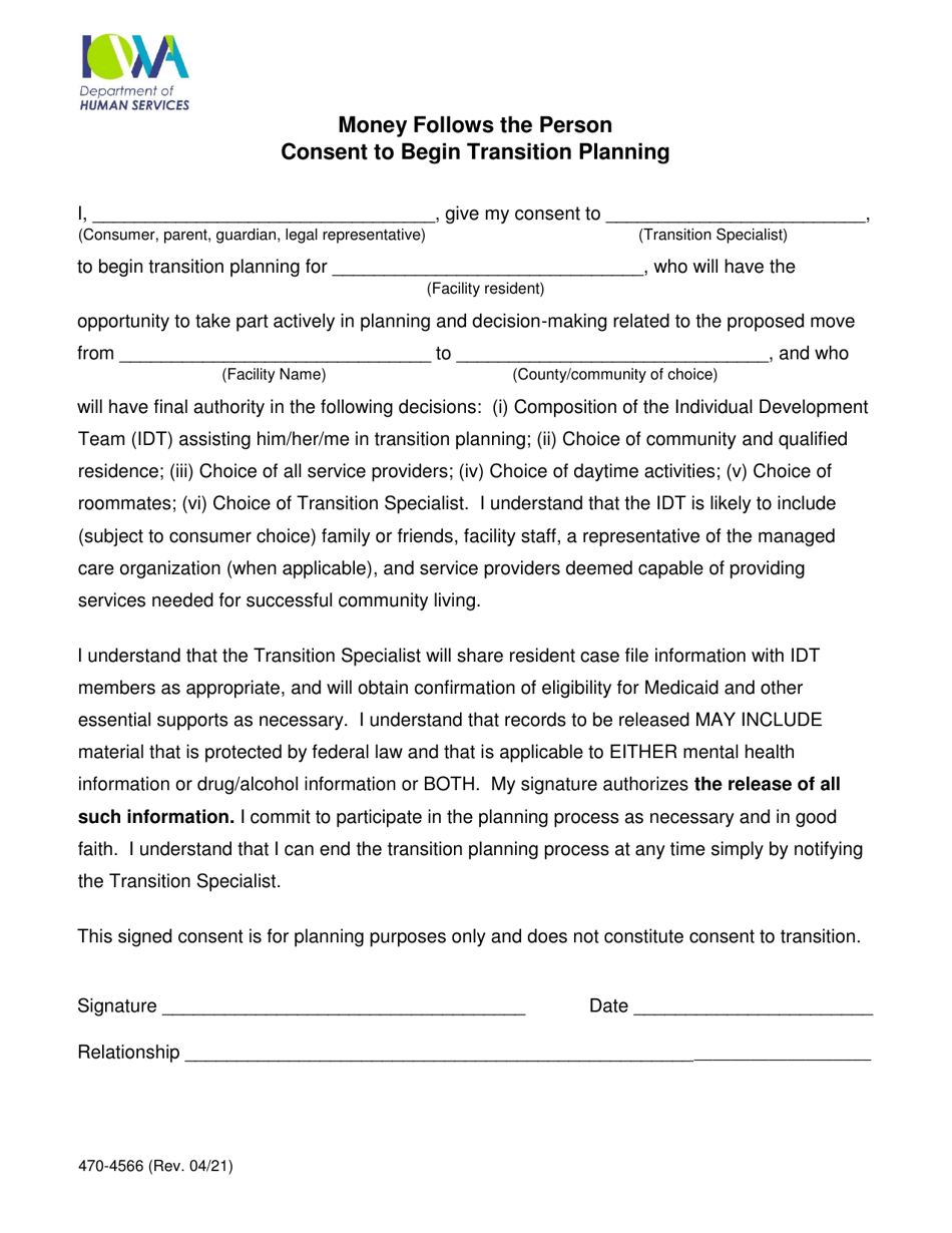 Form 470-4566 Consent to Begin Transition Planning - Money Follows the Person - Iowa, Page 1