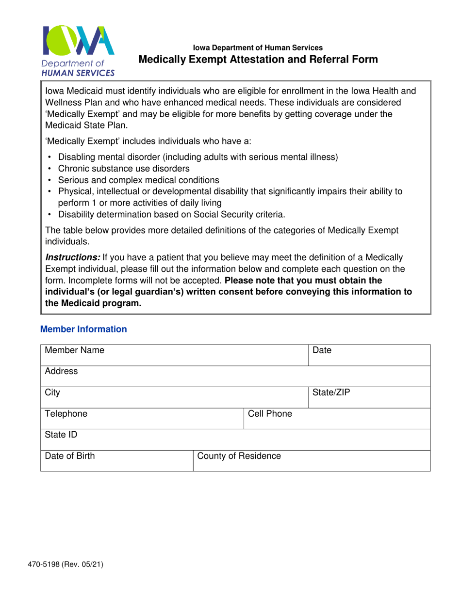 Form 470-5198 Medically Exempt Attestation and Referral Form - Iowa, Page 1