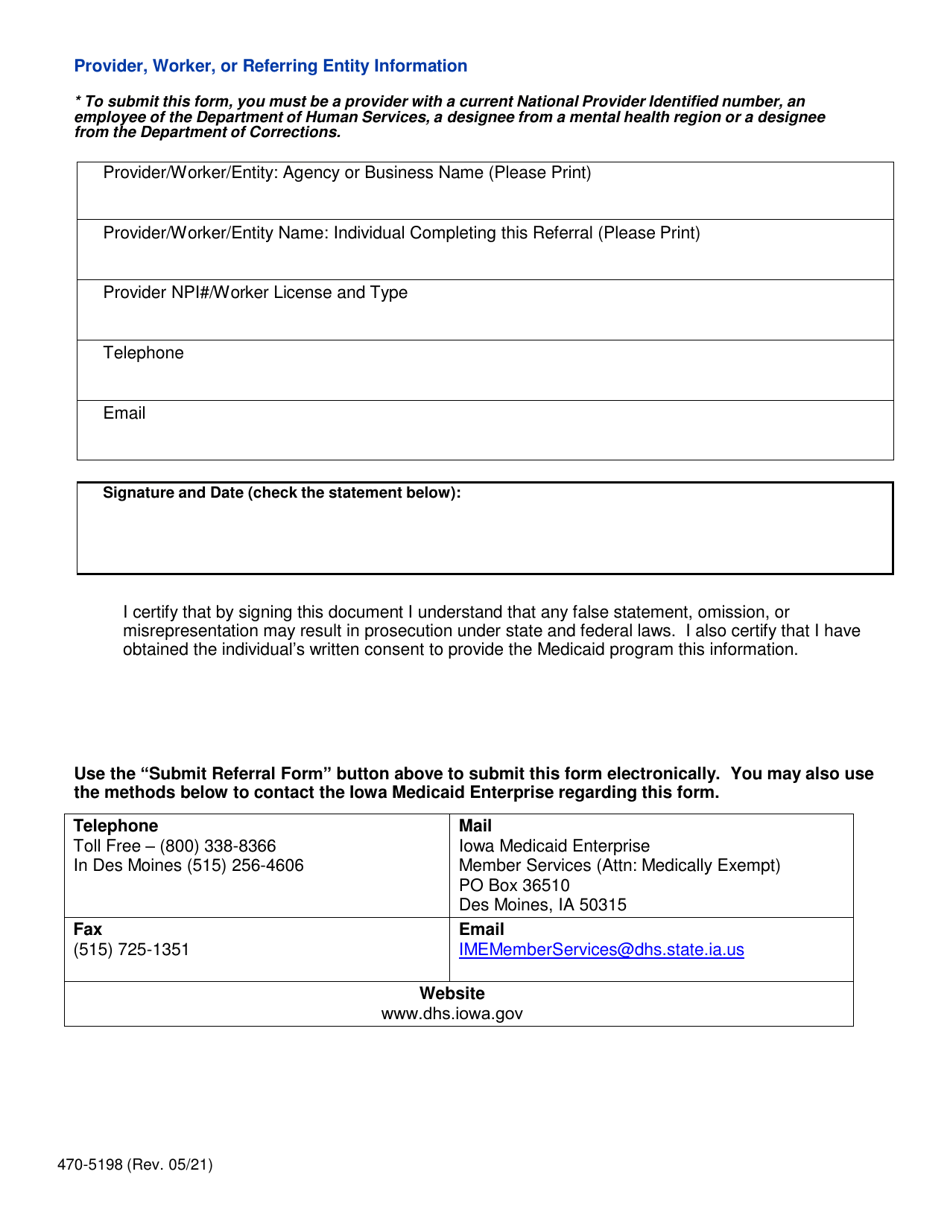 Form 470-5198 Download Printable PDF or Fill Online Medically Exempt ...