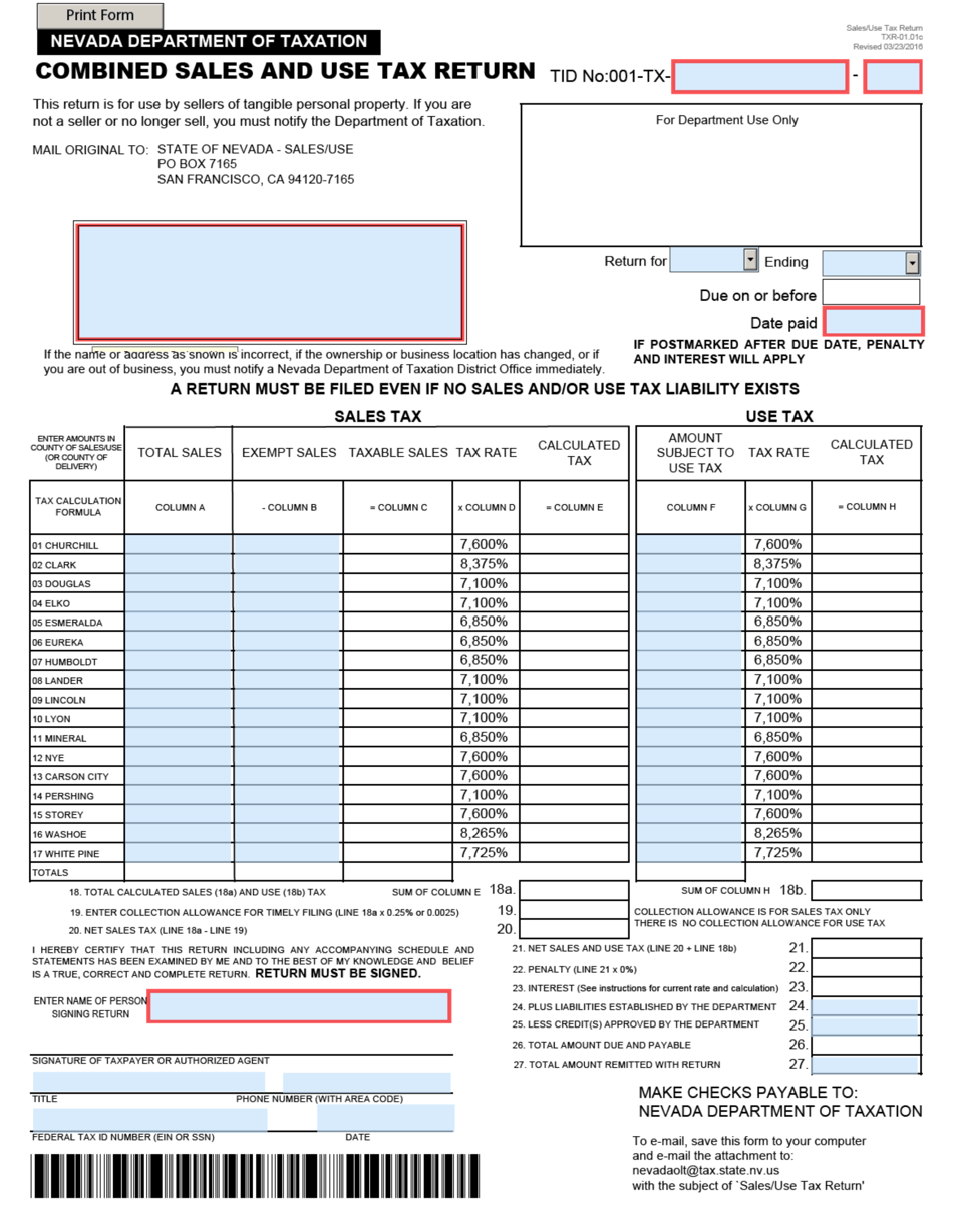 Form TXR-01.01C Combined Sales and Use Tax Return - Nevada, Page 1