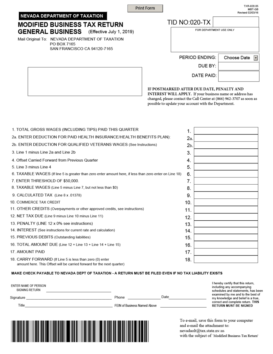 Form TXR-023.02 (MBT-GB) Modified Business Tax Return - General Business - Nevada, Page 1