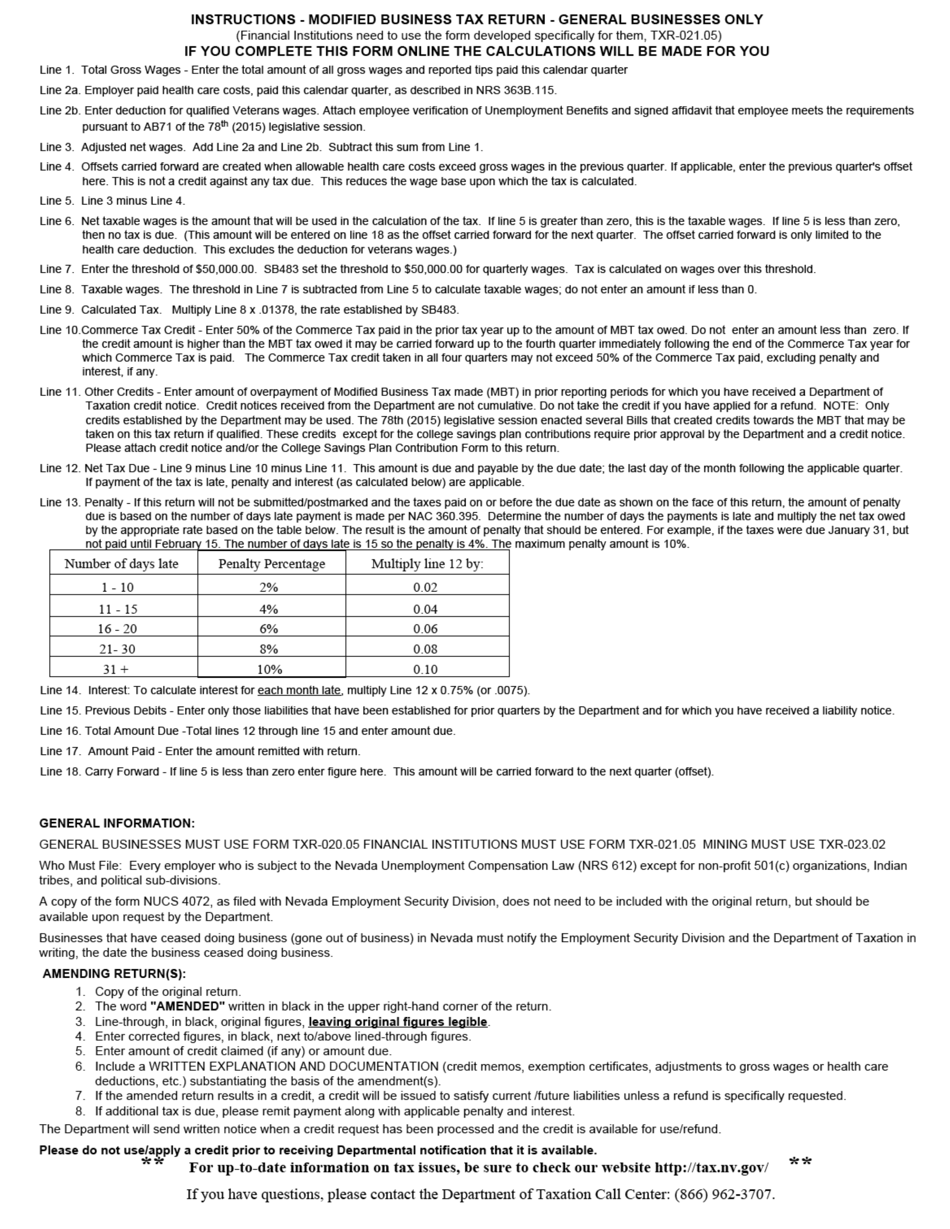 Form TXR-023.02 (MBT-GB) Modified Business Tax Return - General Business - Nevada, Page 2