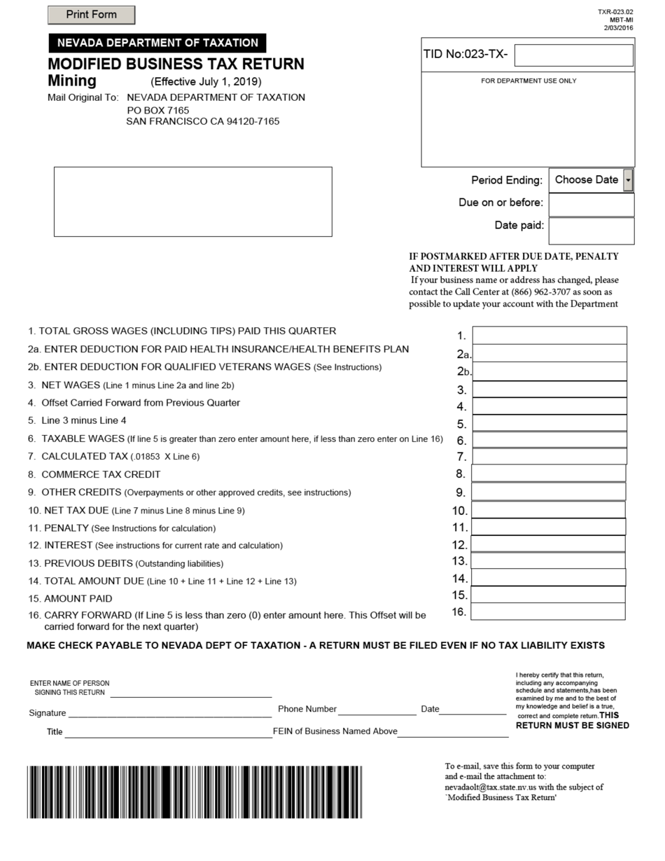 Form TXR-023.02 (MBT-MI) Modified Business Tax Return - Mining - Nevada, Page 1