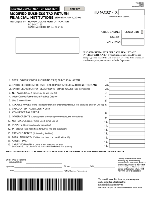 Form TXR-021.05 (MBT-FI)  Printable Pdf