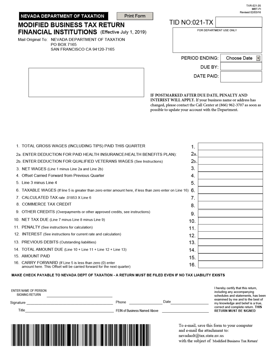 Form TXR-021.05 (MBT-FI) Modified Business Tax Return - Financial Institutions - Nevada, Page 1