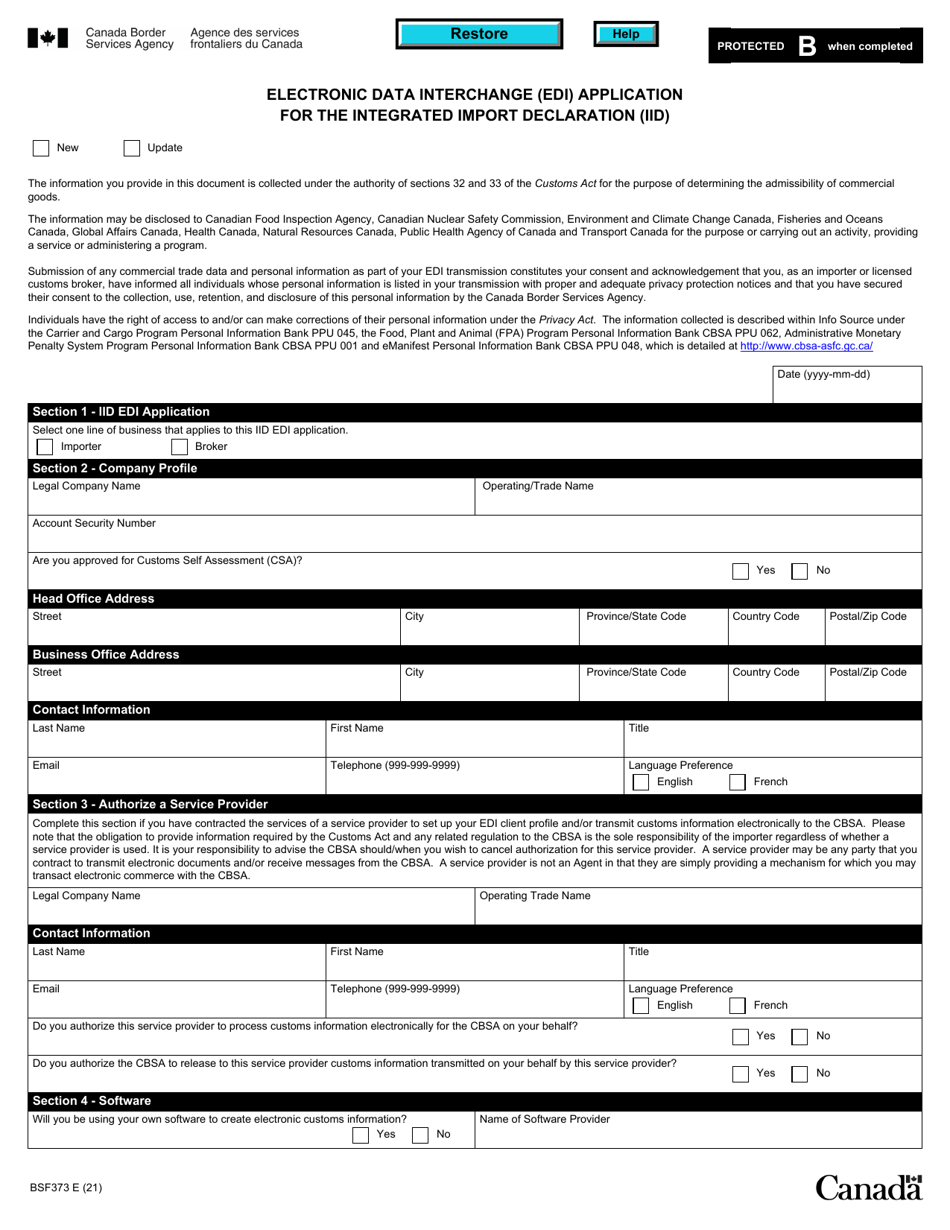 Form BSF373 Electronic Data Interchange (Edi) Application for the Integrated Import Declaration (Iid) - Canada, Page 1