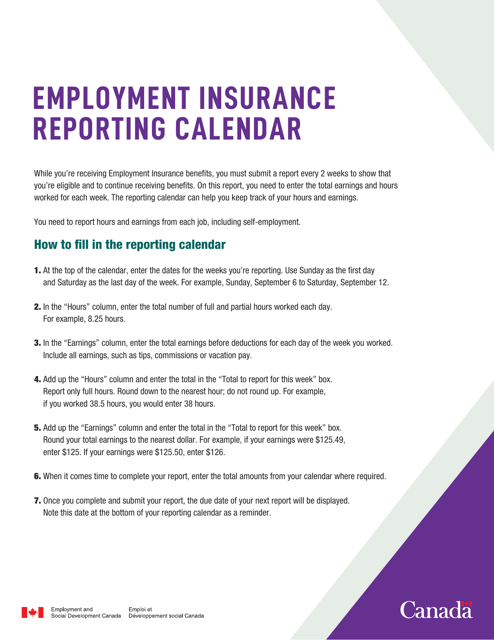 Employment Insurance Reporting Calendar - Canada Download Pdf