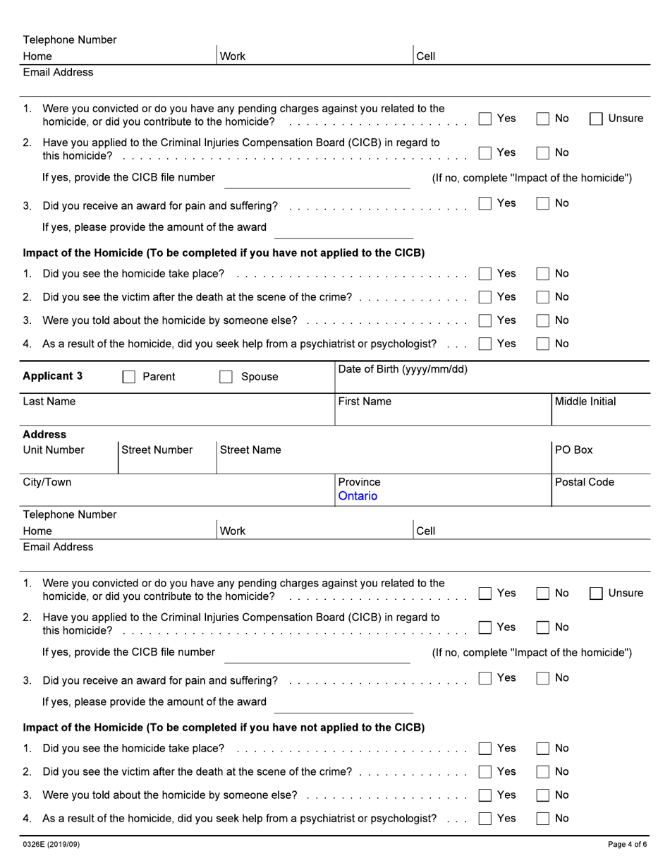 Form 0326E Application for Financial Assistance for Families of Homicide Victims - Ontario, Canada, Page 4