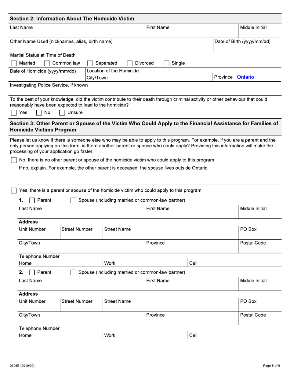 Form 0326E Application for Financial Assistance for Families of Homicide Victims - Ontario, Canada, Page 5