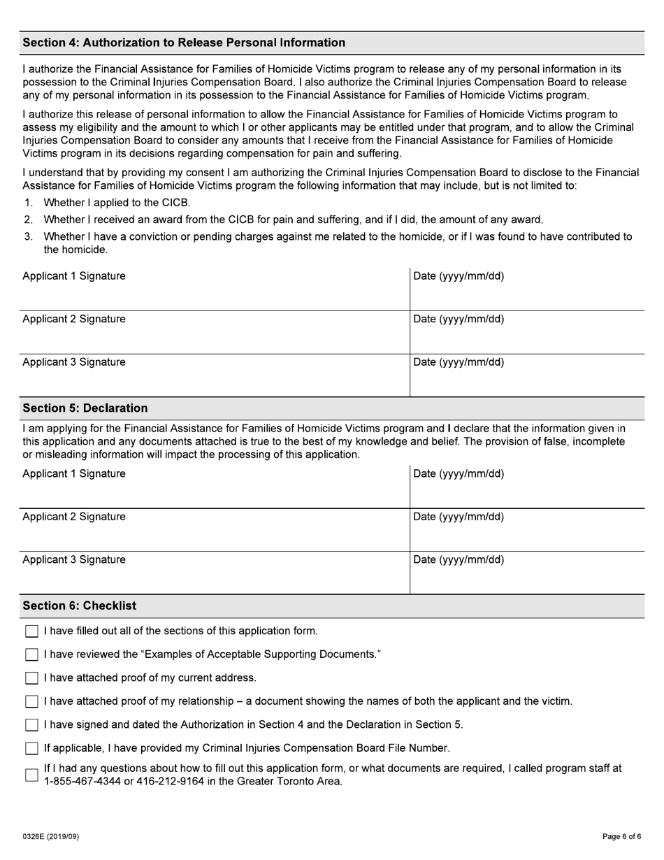 Form 0326E Application for Financial Assistance for Families of Homicide Victims - Ontario, Canada, Page 6