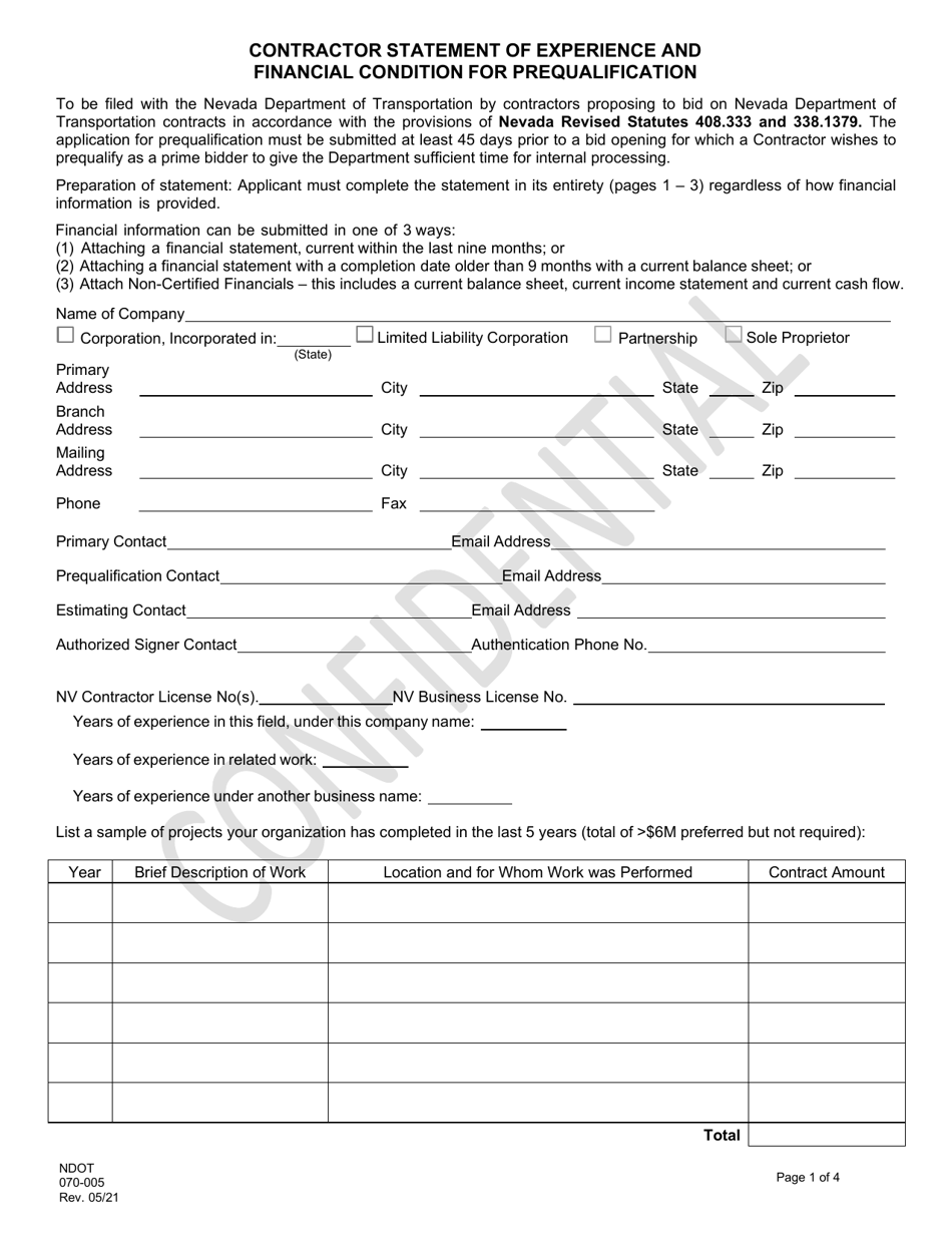 NDOT Form 070-005 Contractor Statement of Experience and Financial Condition for Prequalification - Nevada, Page 1