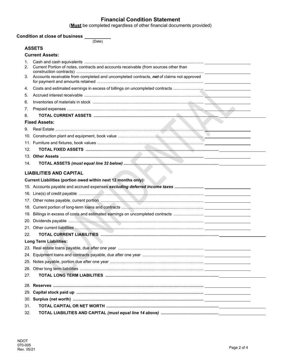 NDOT Form 070-005 Contractor Statement of Experience and Financial Condition for Prequalification - Nevada, Page 2