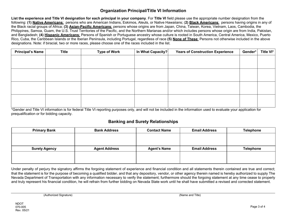 NDOT Form 070-005 Contractor Statement of Experience and Financial Condition for Prequalification - Nevada, Page 3