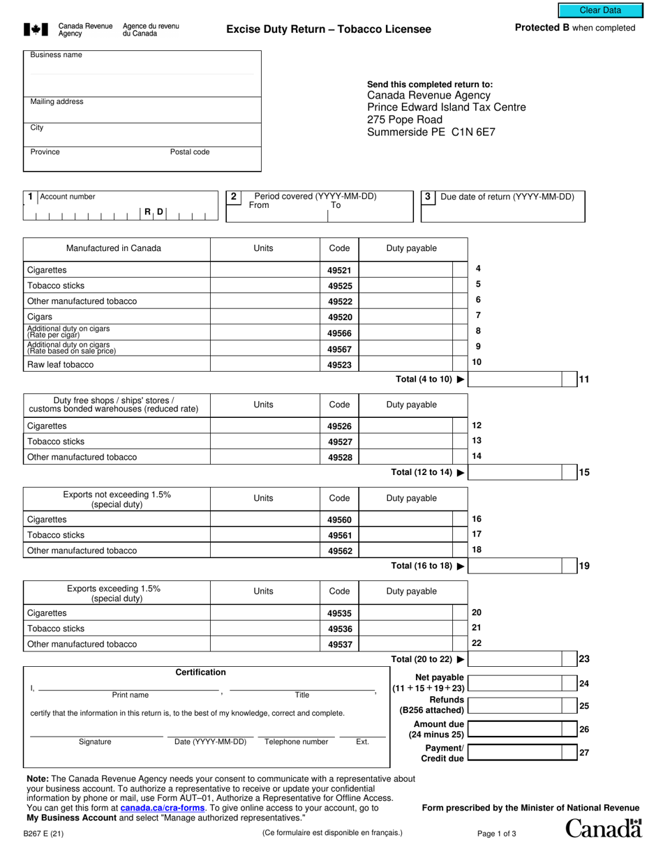 Form B267 Excise Duty Return - Tobacco Licensee - Canada, Page 1