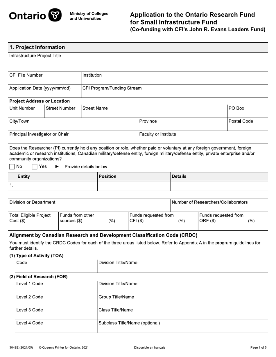 Form 3049E Application to the Ontario Research Fund for Small Infrastructure Funds - Ontario, Canada, Page 1