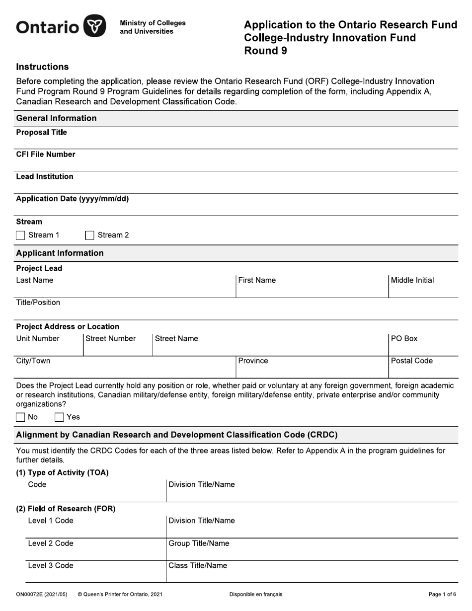 Form ON00072E Application to the Ontario Research Fund College-Industry Innovation Fund Round 9 - Ontario, Canada, Page 1