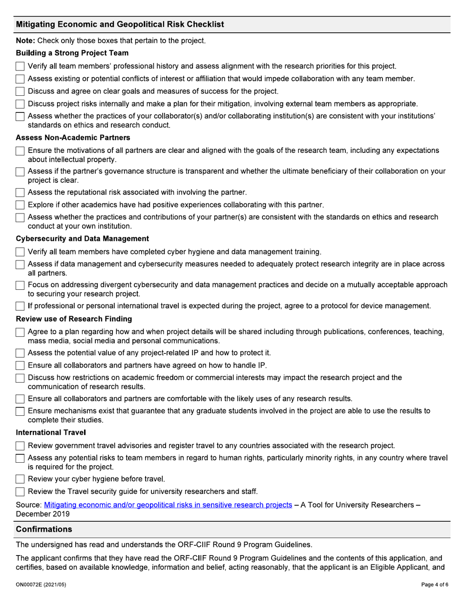 Form ON00072E Application to the Ontario Research Fund College-Industry Innovation Fund Round 9 - Ontario, Canada, Page 4