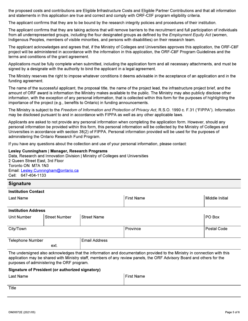 Form ON00072E Application to the Ontario Research Fund College-Industry Innovation Fund Round 9 - Ontario, Canada, Page 5