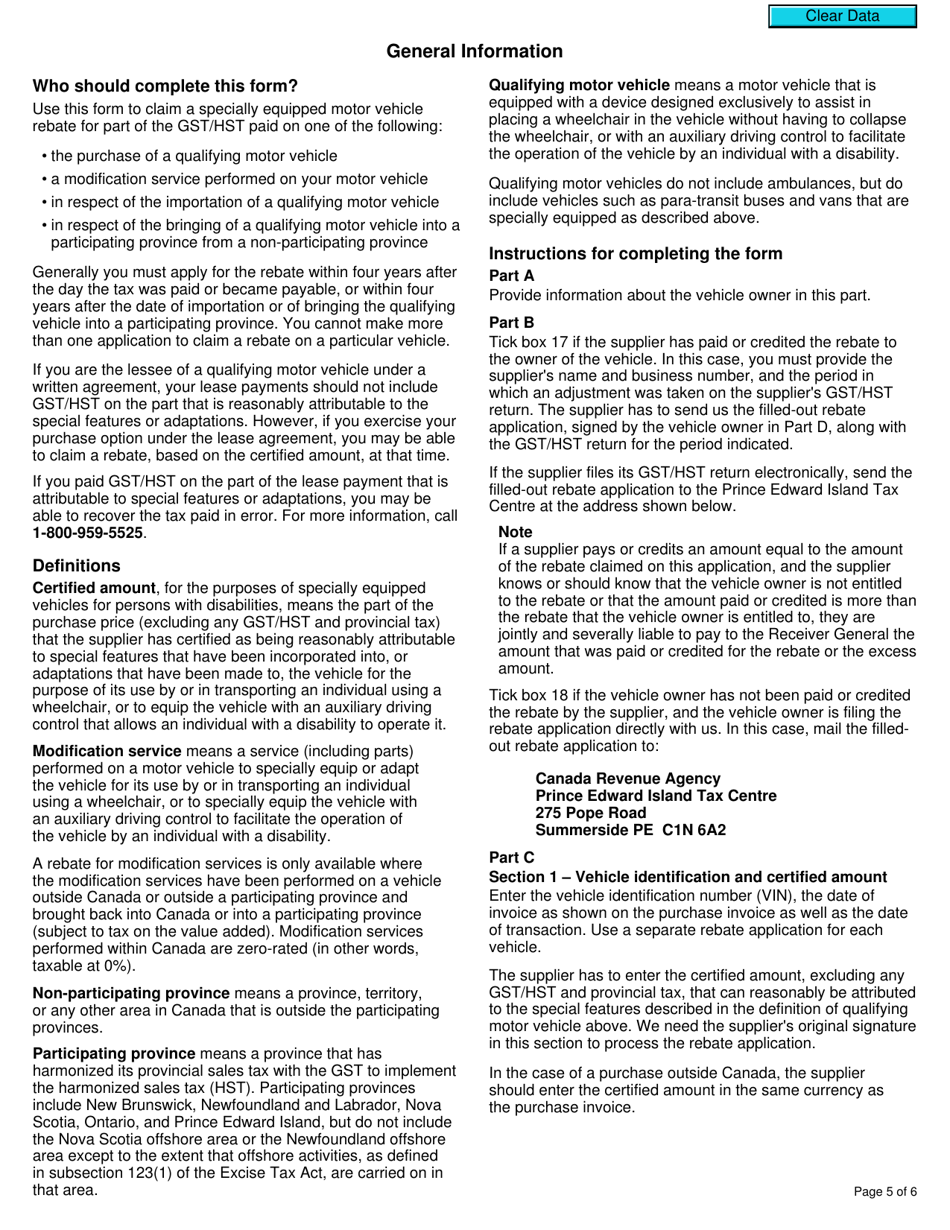 Form GST518 Gst / Hst Specially Equipped Motor Vehicle Rebate Application - Canada, Page 5