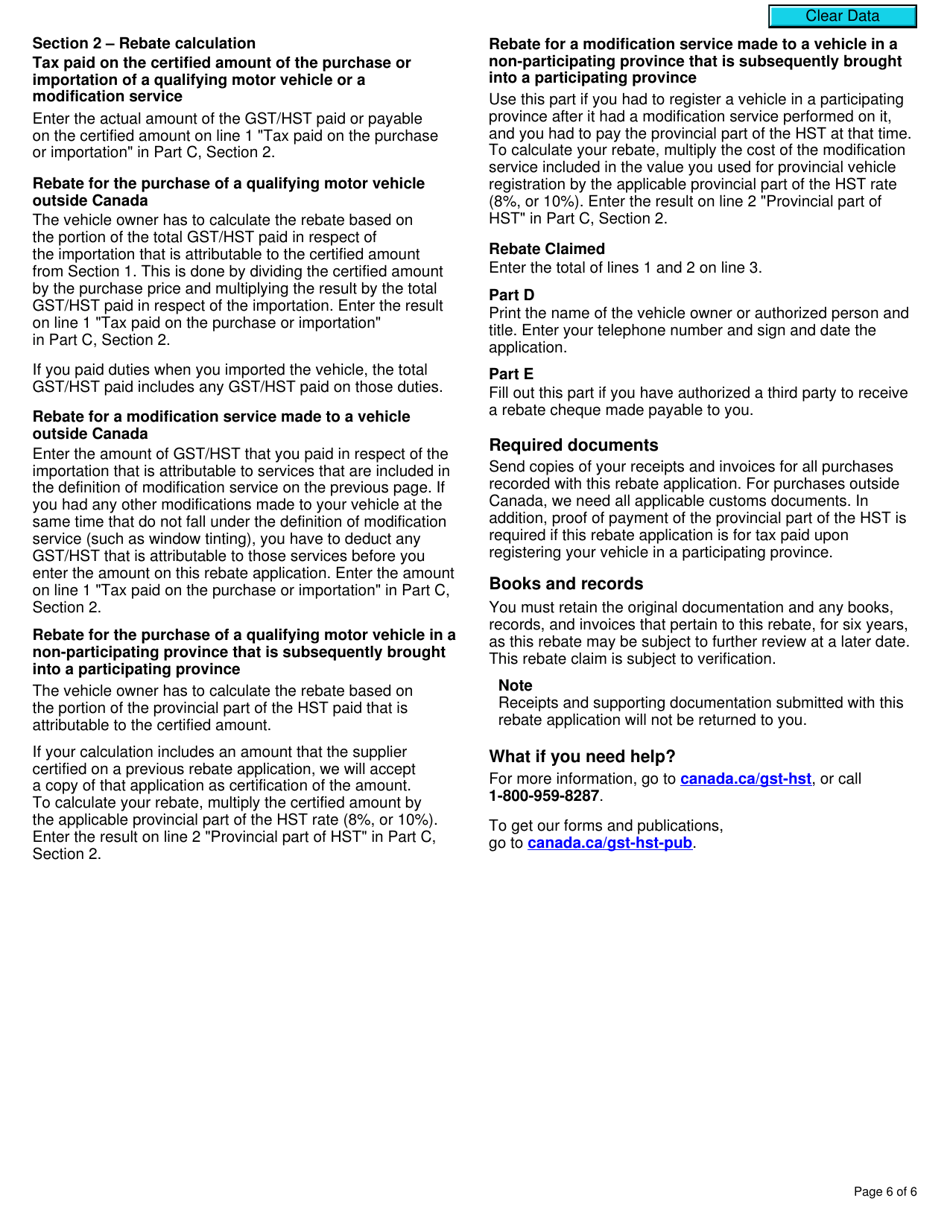 Form GST518 Gst / Hst Specially Equipped Motor Vehicle Rebate Application - Canada, Page 6