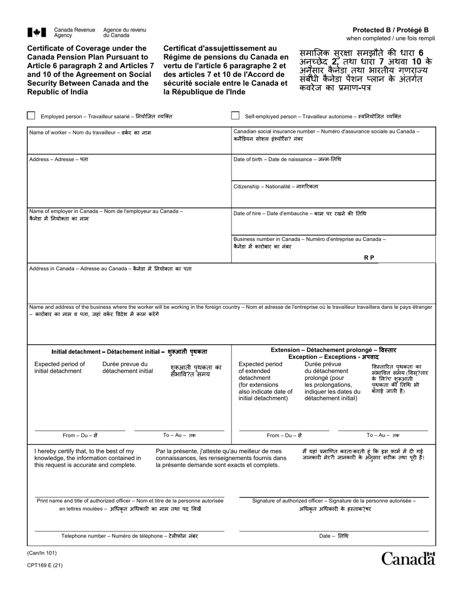 Form CPT169 Certificate of Coverage Under the Canada Pension Plan Pursuant to Article 6 Paragraph 2 and Articles 7 and 10 of the Agreement on Social Security Between Canada and the Republic of India - Canada (English / Hindi / French), Page 1
