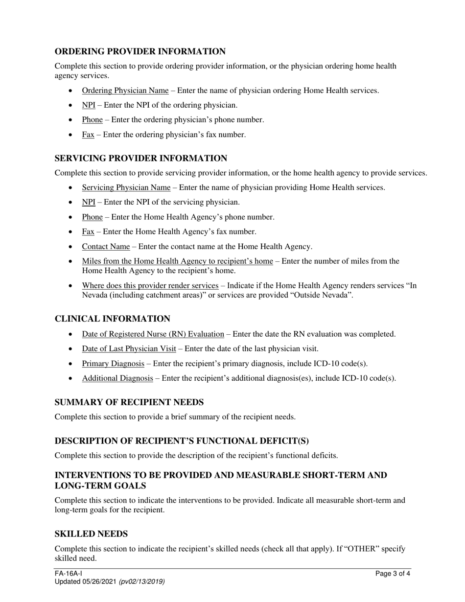 Instructions for Form FA-16A Home Health Agency - Intermittent Services - Nevada, Page 3