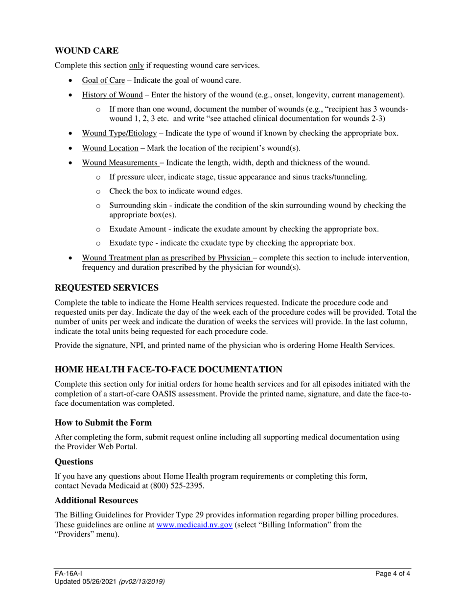 Instructions for Form FA-16A Home Health Agency - Intermittent Services - Nevada, Page 4