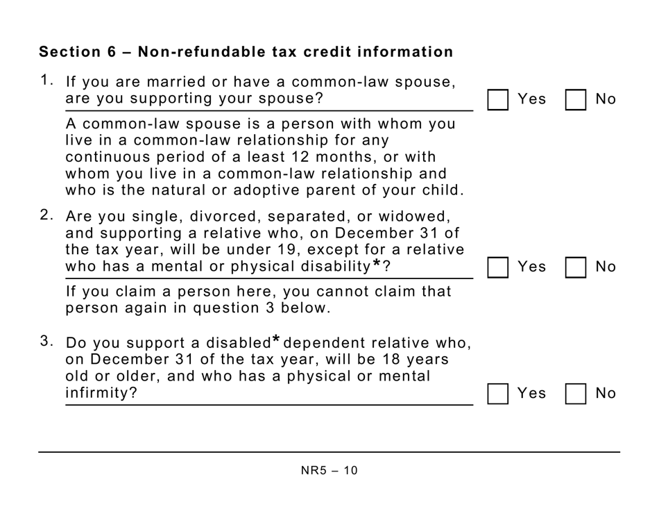 Form NR5 Application by a Non-resident of Canada When Completed for a Reduction in the Amount of Non-resident Tax Required to Be Withheld - Large Print - Canada, Page 10