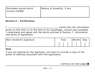 Form NR5 Application by a Non-resident of Canada When Completed for a Reduction in the Amount of Non-resident Tax Required to Be Withheld - Large Print - Canada, Page 13