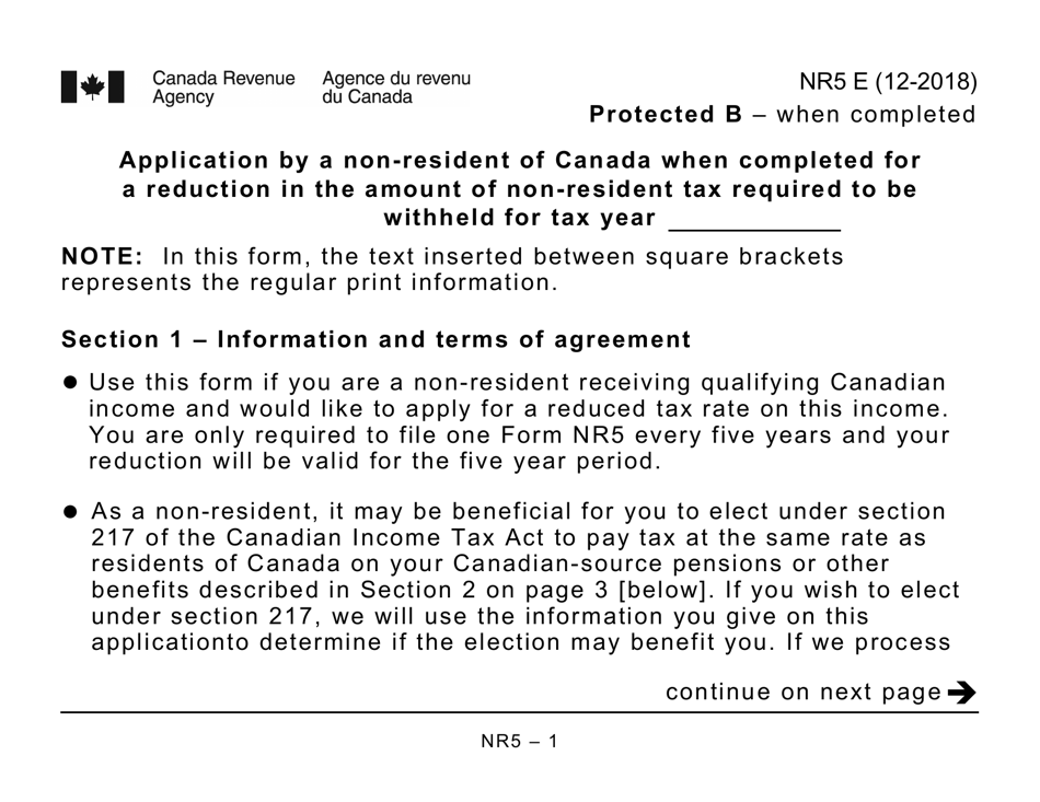 Form NR5 Application by a Non-resident of Canada When Completed for a Reduction in the Amount of Non-resident Tax Required to Be Withheld - Large Print - Canada, Page 1